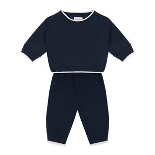 White Contrast Detailed Navy Knit Long Set