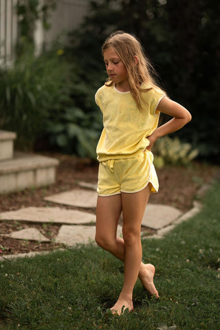 Yellow Towel Sleeveless Top Shorts Set with White Details