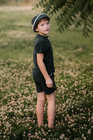 Green Towel Short Sleeve Tshirt Short Set with White Details
