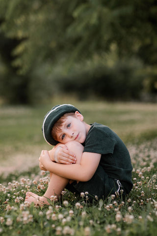Green Towel Short Sleeve Tshirt Short Set with White Details