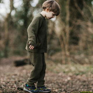 Green Herringbone Knit Set with Compass Embroidery