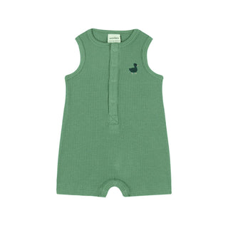 Green Waffle Playsuit with Duck Embroidery